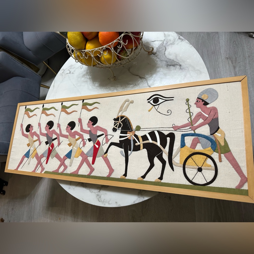 Vintage Framed Handmade Egyptian Revival tapestry Midcentury Era